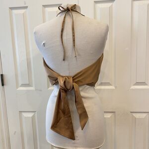 Vtg ASOS Gold Bronze Colorblock Top Silky Satin Halter Backless Wrap Crop Sz 12